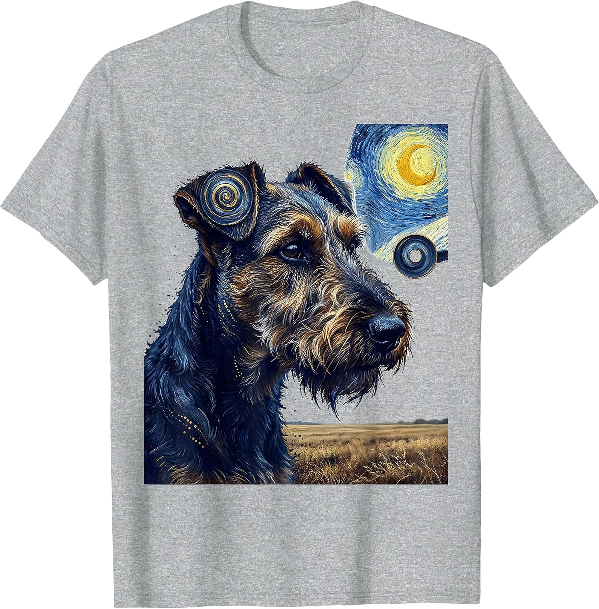 Men's Airedale Terrier Van Gogh Starry Night Breed Portrait T-Shirt - Heather Grey
