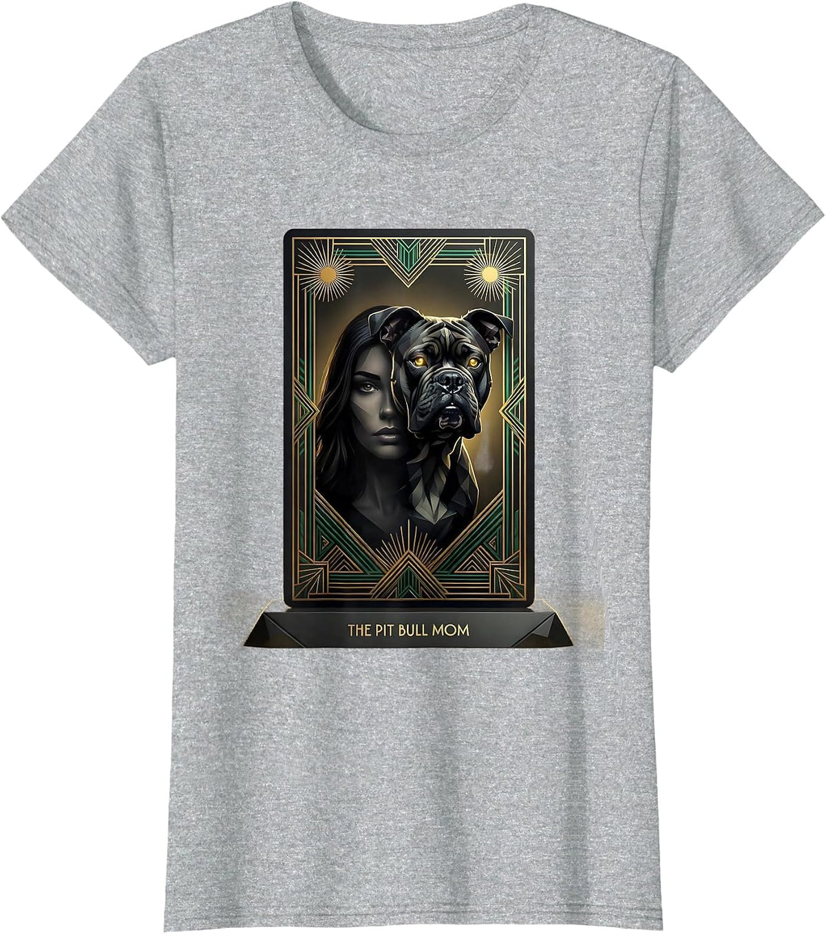 The Pit Bull Mom Art Deco Dog Mom Tarot Card Portrait T-Shirt - Heather Grey