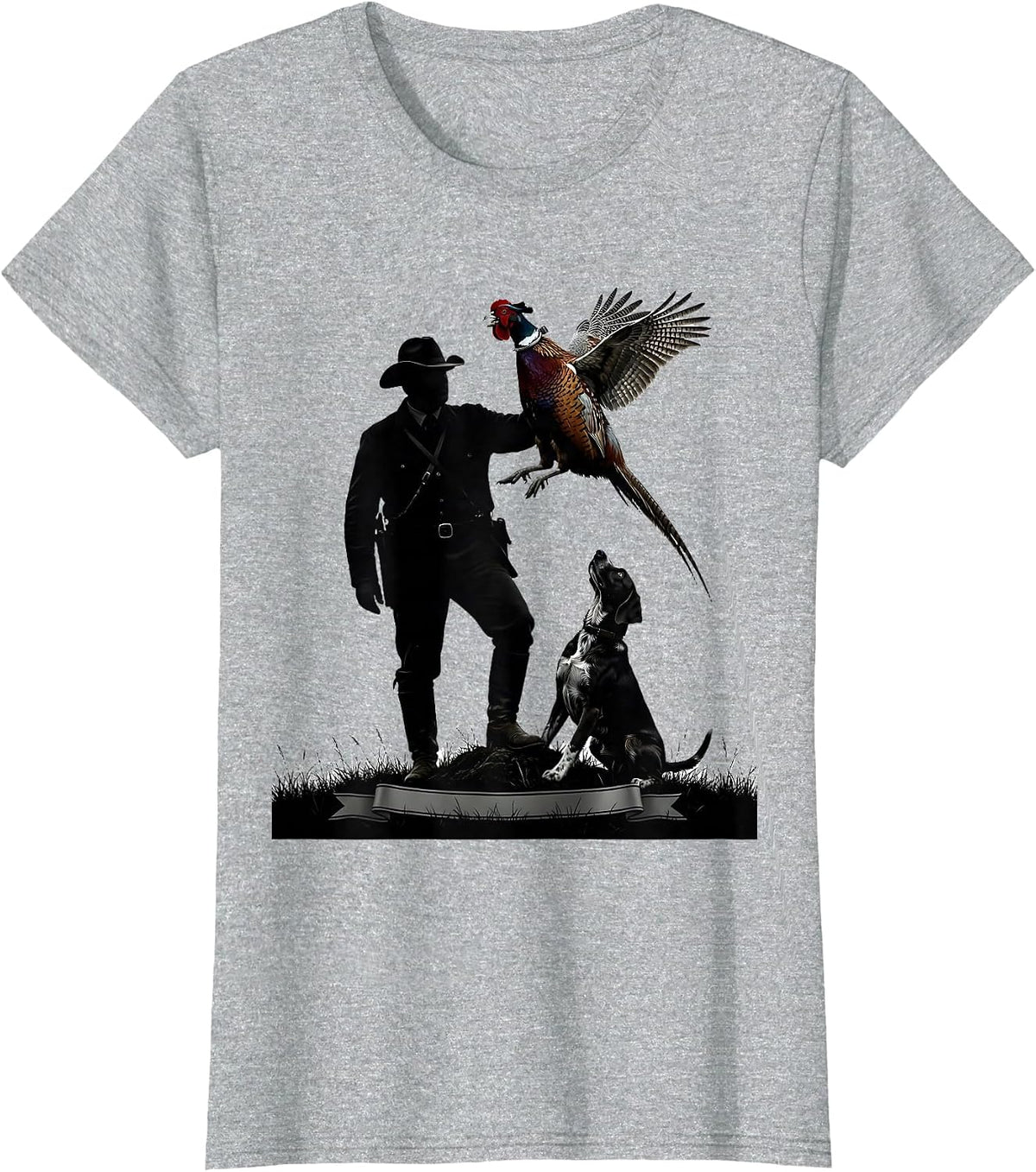 Women's Pheasant Hunter Silhouette Bird Dog Upland Hunting T-Shirt - Heather Grey
