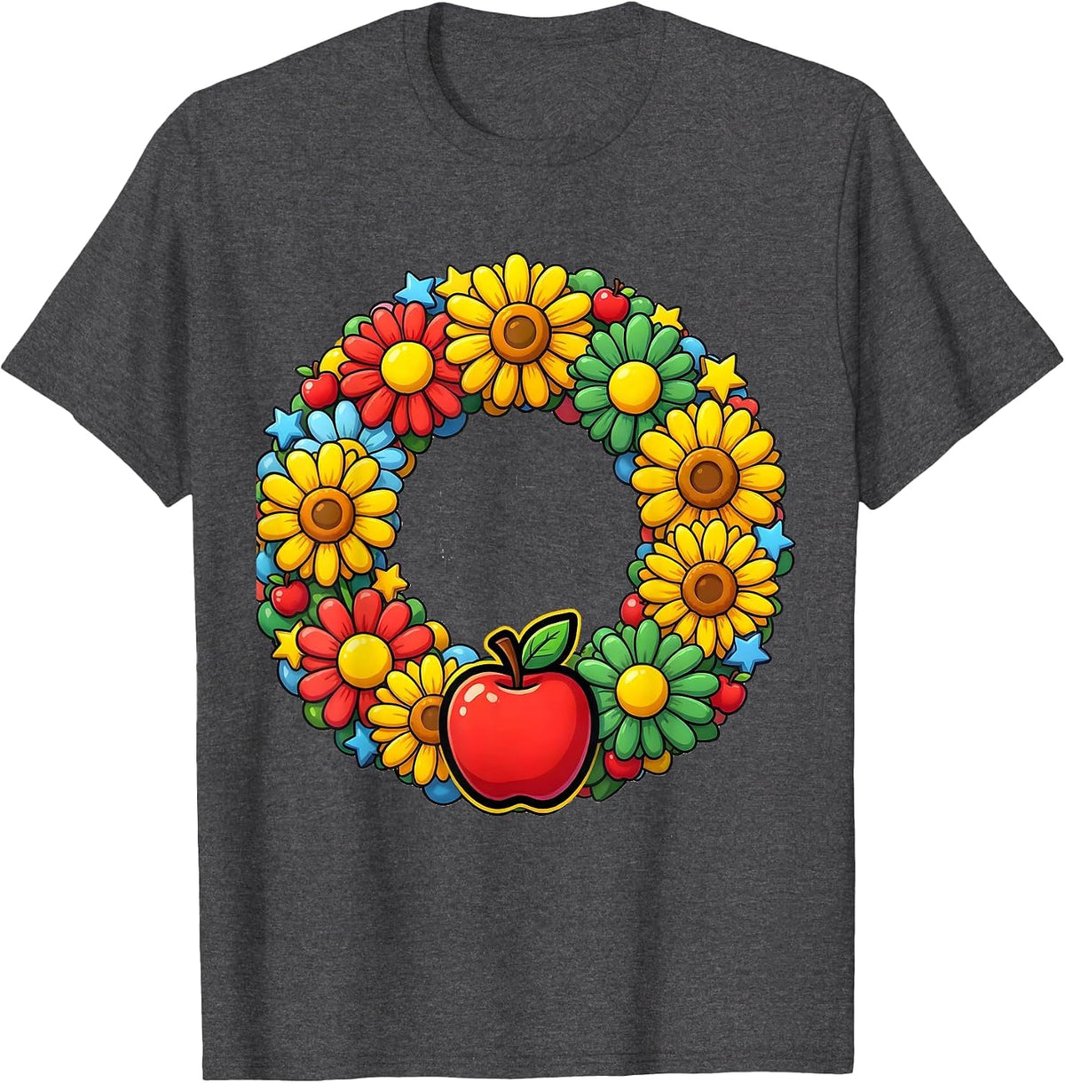 Men's Preschool Teacher ABC Floral Wreath Illustration T-Shirt - Dark Heather Grey