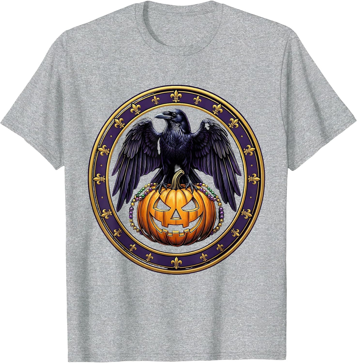 Men's Mardi Gras Crow on Glowing Jack-O-Lantern T-Shirt - Heather Grey