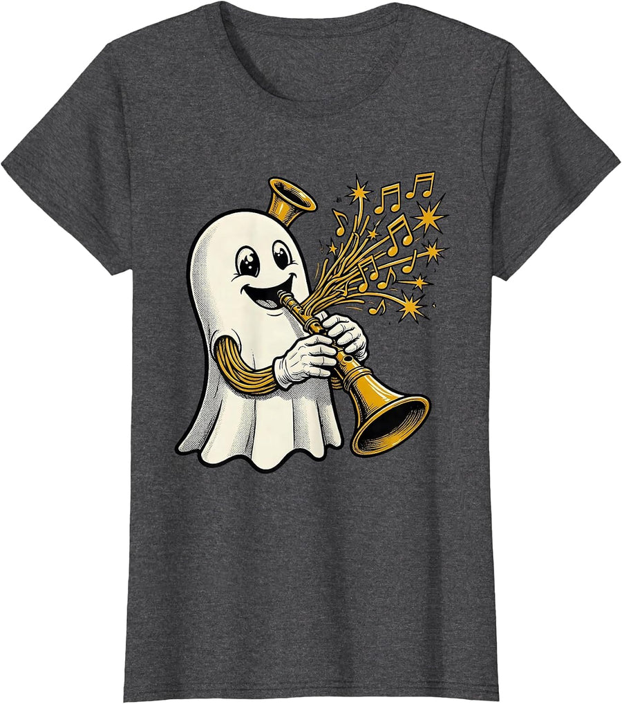 Women's Cheerful Ghost Musician Retro Cartoon Music Teacher T-Shirt - Dark Heather Grey