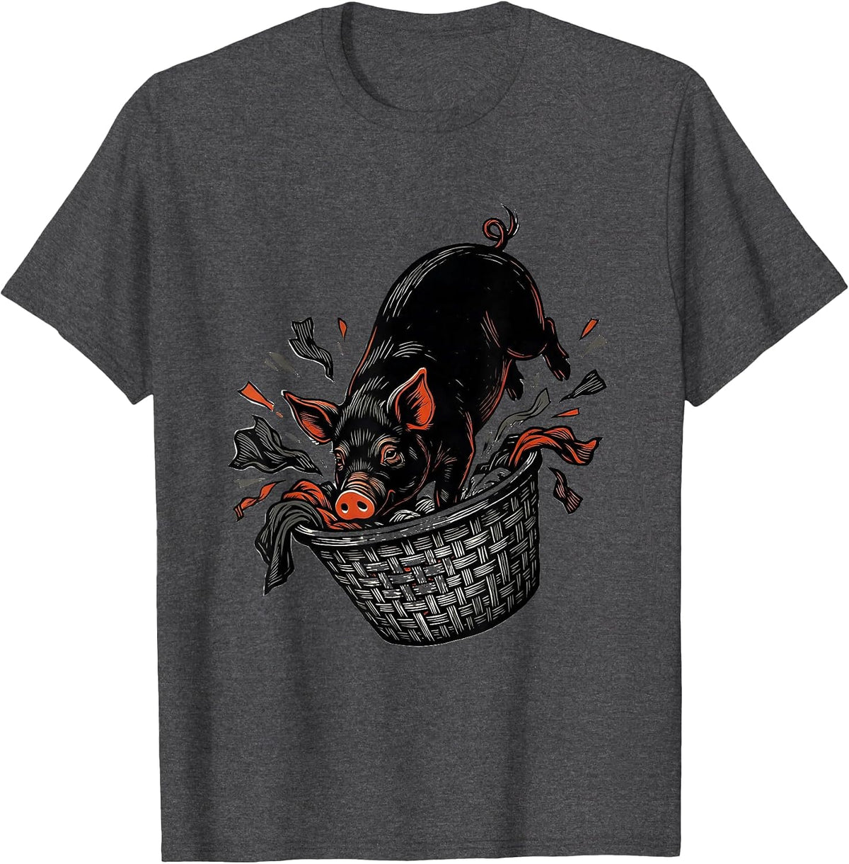 Pet Pig Rooting Through Laundry Basket Cute Animal Lover T-Shirt - Dark Heather Grey