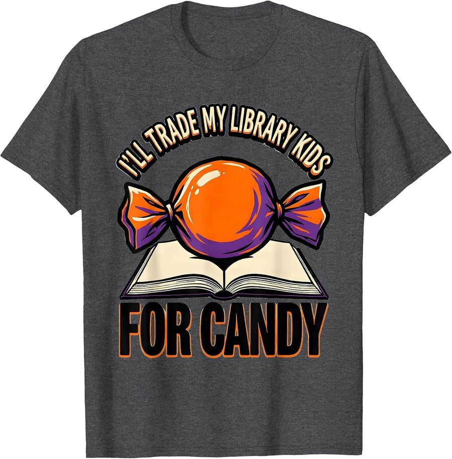 Men's I'll Trade My Library Kids For Candy Funny Teacher Halloween T-Shirt - Dark Heather Grey