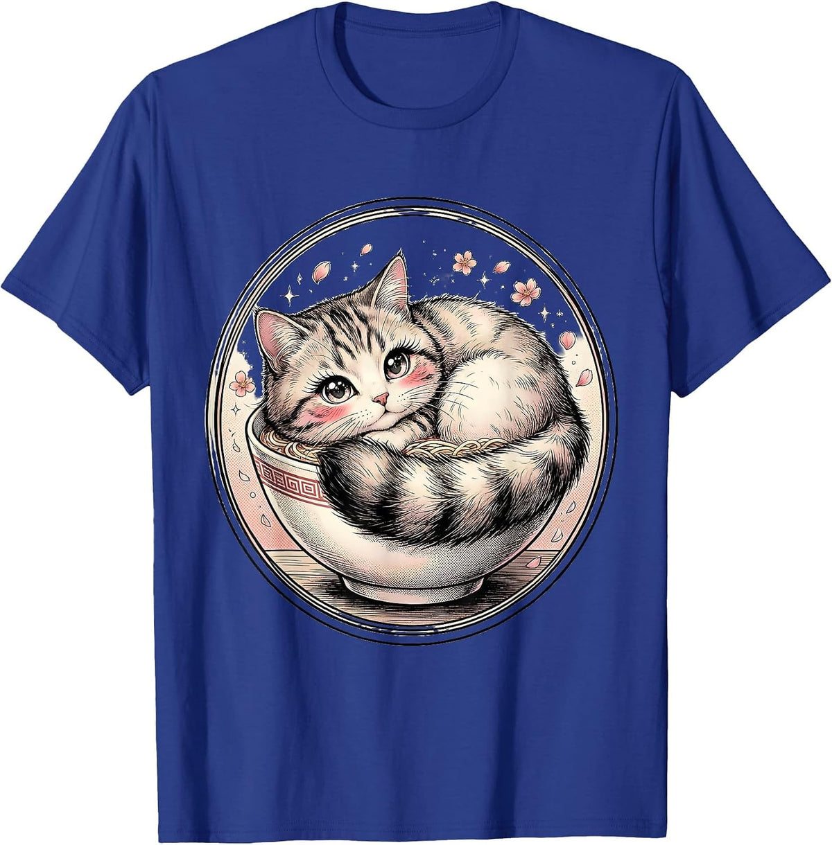 Men's Kawaii Ramen Bowl Cat Cute Cozy Illustration T-Shirt - Royal Blue