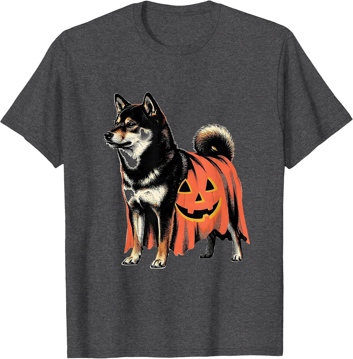 Men's Shiba Inu Ghost Pumpkin Midcentury Modern Halloween T-Shirt - Dark Heather Grey