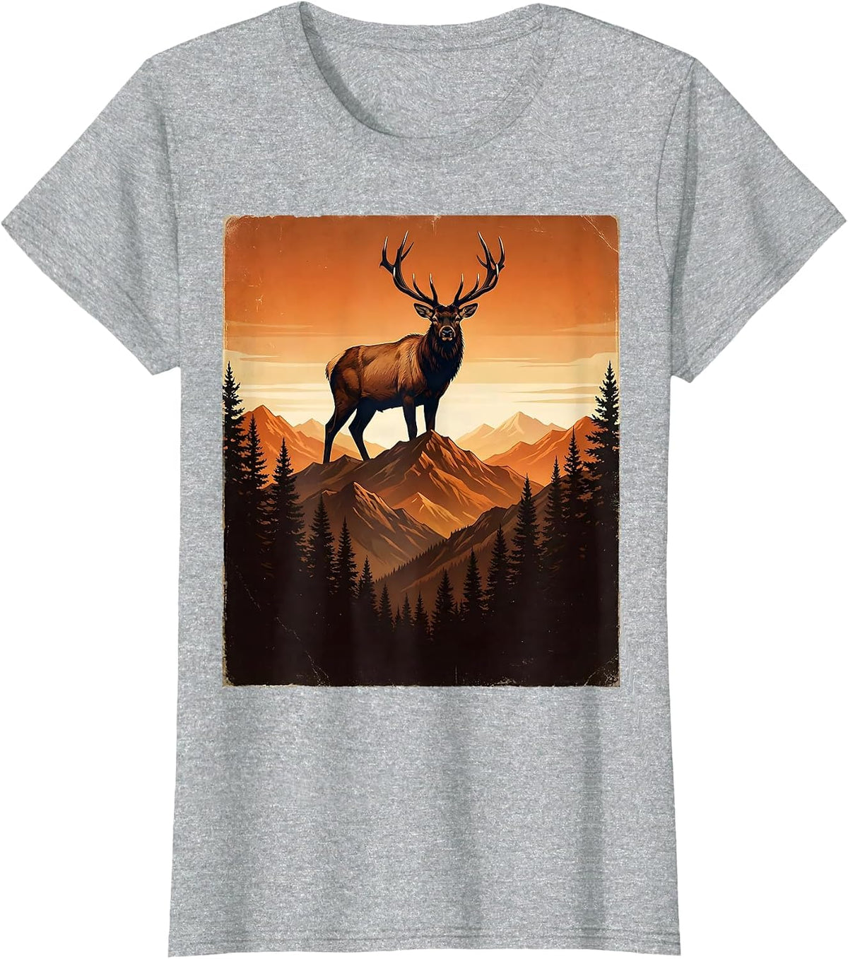 Elk Silhouette Mountain Sunset Nature Design T-Shirt - Heather Grey
