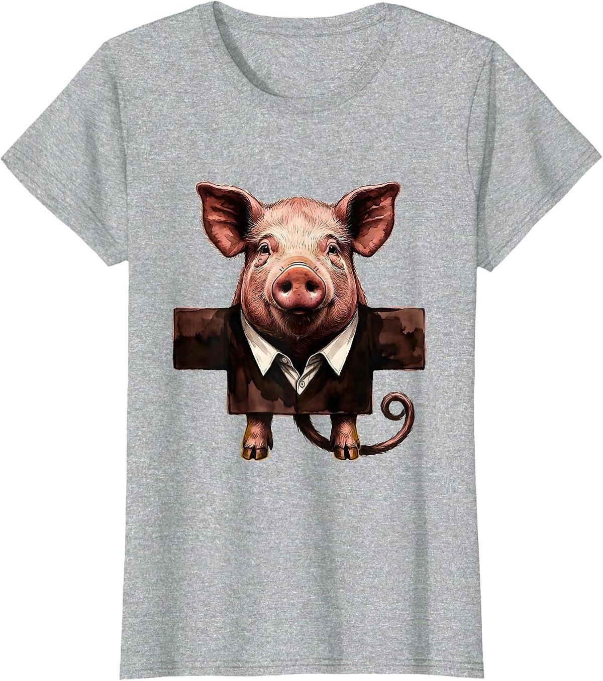 Pig Head Rising Through Collar Novelty Halloween Costume T-Shirt - Heather Grey