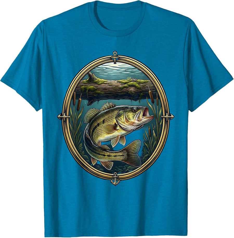 Bass Under Submerged Log Fishing Graphic T-Shirt - Sapphire Blue
