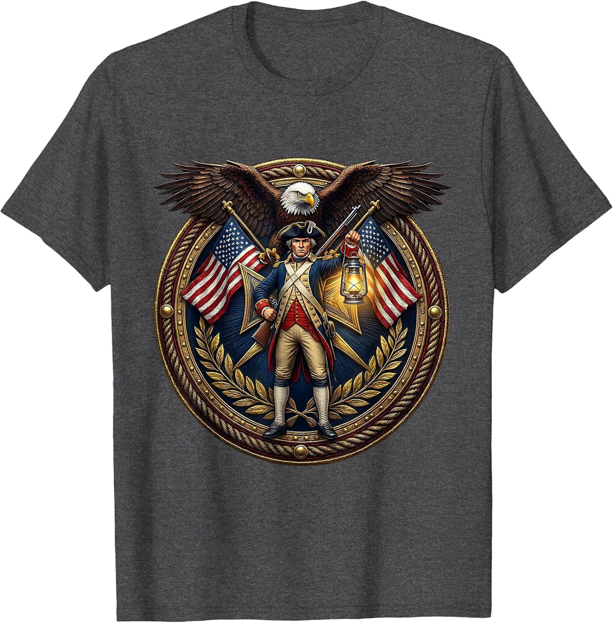 Colonial Minuteman Musket and Lantern Patriotic T-Shirt - Dark Heather Grey