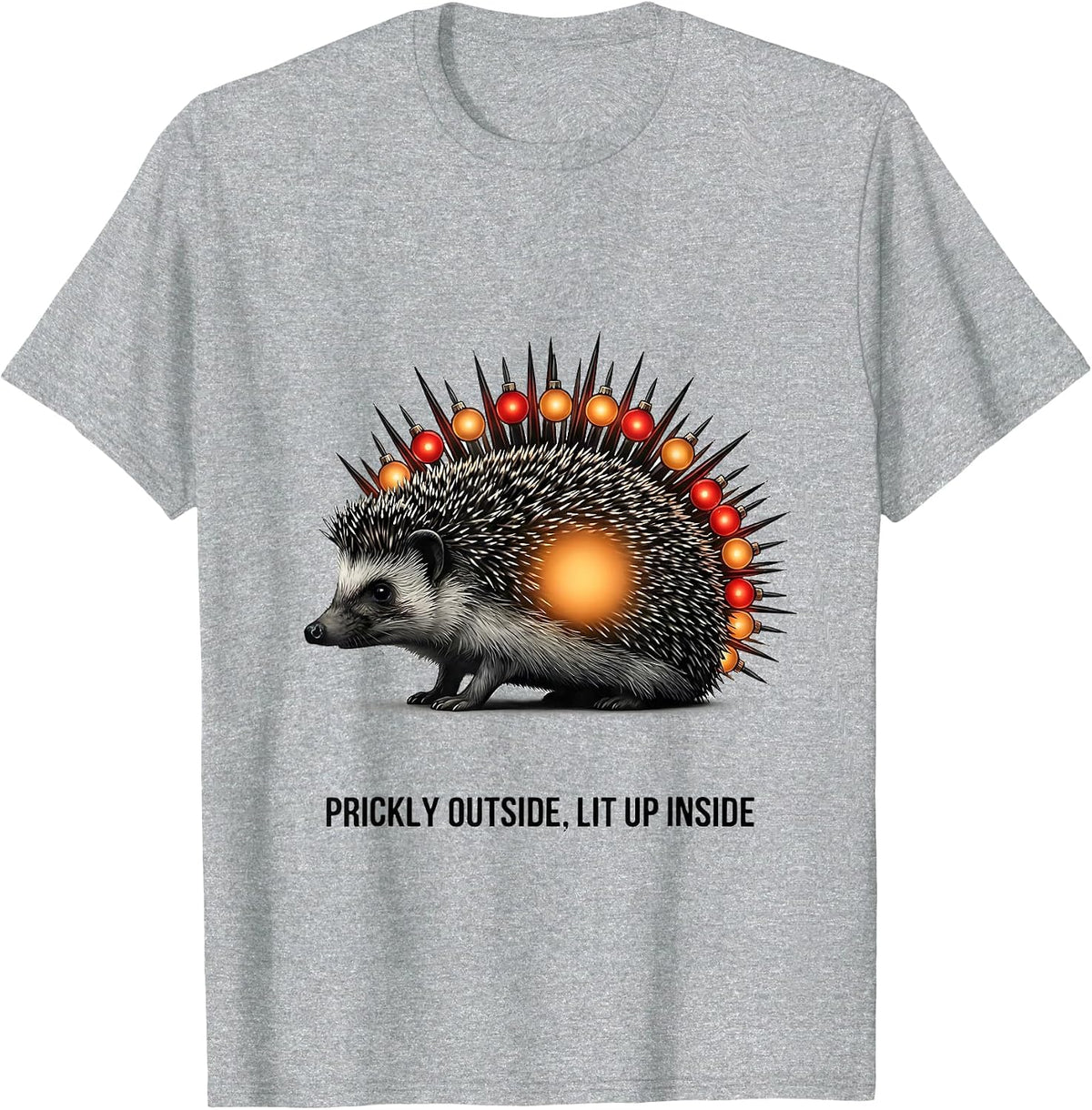 Men's Prickly Outside, Lit Up Inside Cute Hedgehog Christmas T-Shirt - Heather Grey