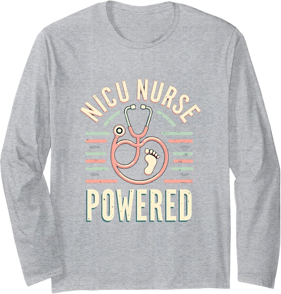 NICU Nurse Powered Proud Caregiver Design Long Sleeve T-Shirt - Adult Unisex Heather Grey