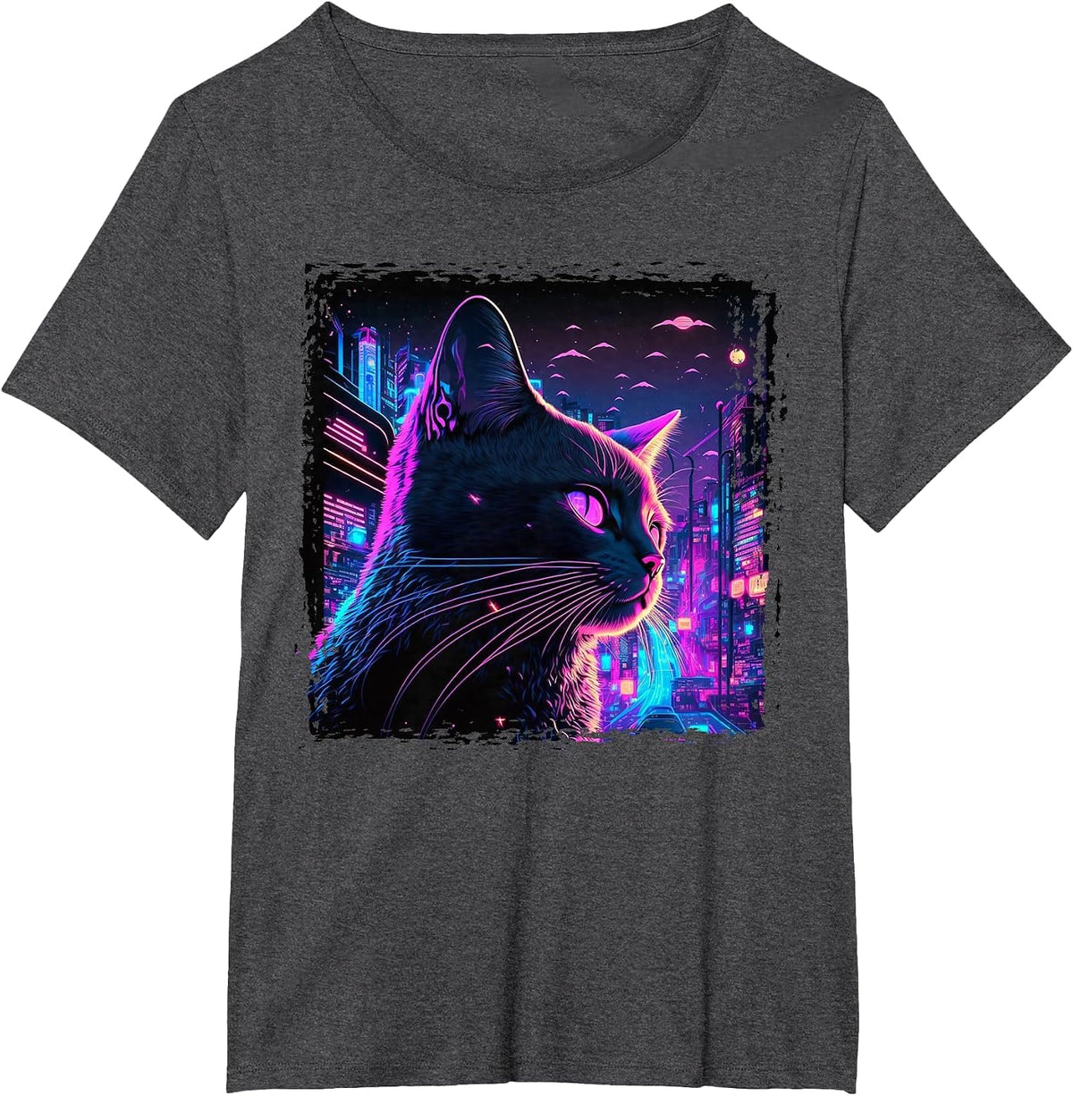 Japanese Aesthetic Synthwave Cat Vaporwave Anime Funny T-Shirt - Dark Heather Grey