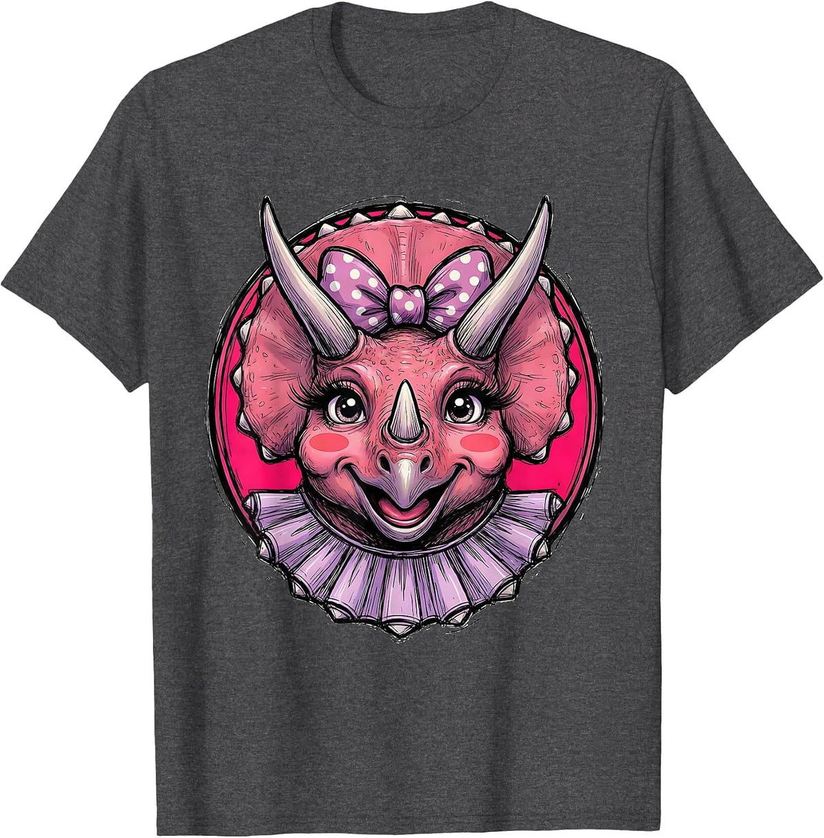 Cute Feminine Triceratops Dinosaur Graphic Tee T-Shirt - Dark Heather Grey