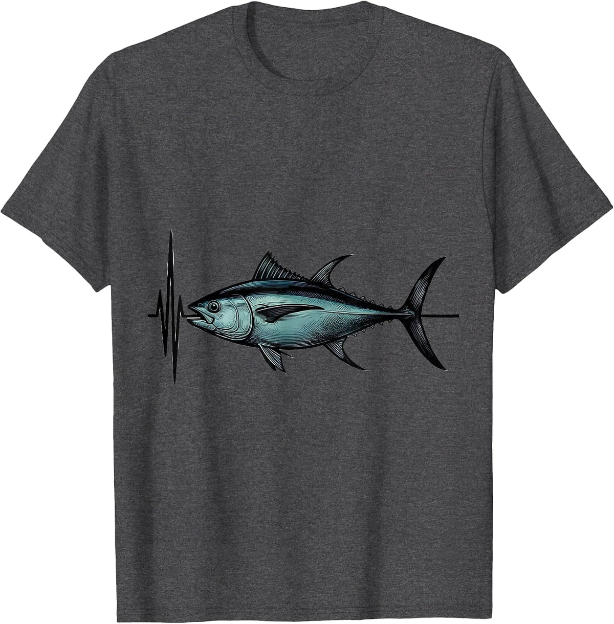 Men's Bluefin Tuna Pulse Line Minimalist Fishing Angler T-Shirt - Dark Heather Grey
