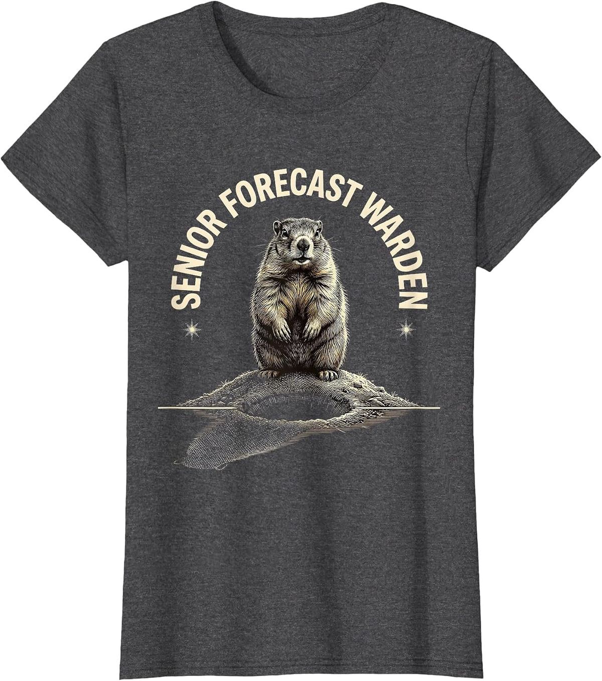 Women's Senior Forecast Warden Funny Groundhog Day Vintage Badge T-Shirt - Dark Heather Grey