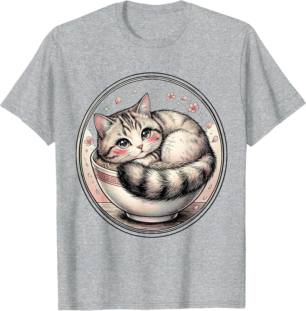Men's Kawaii Ramen Bowl Cat Cute Cozy Illustration T-Shirt - Heather Grey