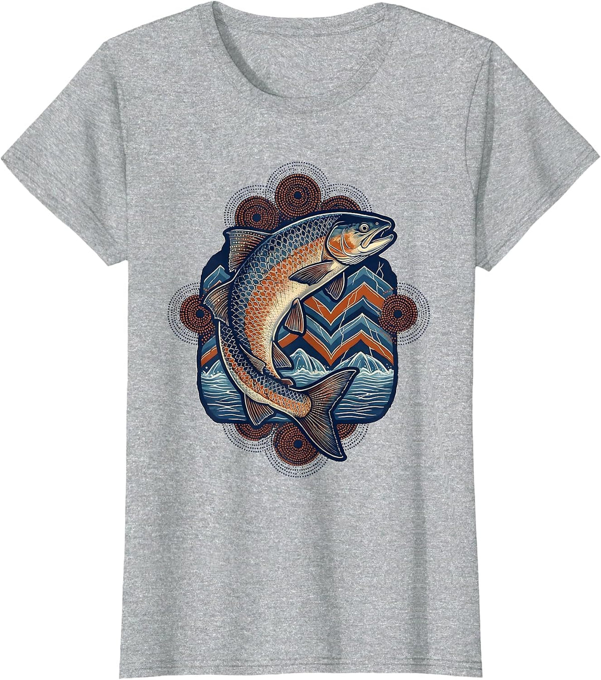 Salmon Leaping Upstream Waterfall Illustration T-Shirt - Heather Grey