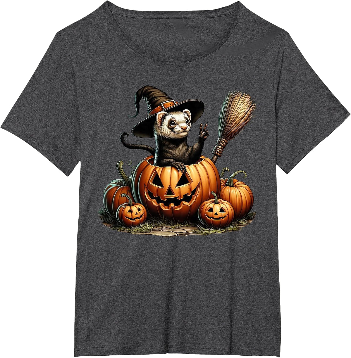Funny Ferret Witch Pumpkin Halloween Mens Womens Kids T-Shirt - Dark Heather Grey