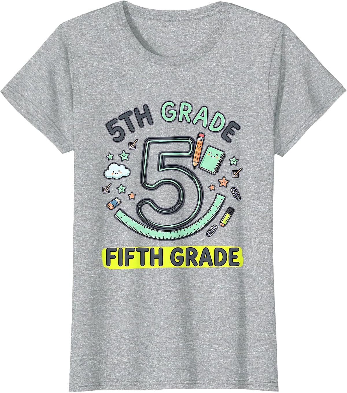 Women's 5TH GRADE FIFTH GRADE Kawaii Stationery Doodle Back T-Shirt - Heather Grey