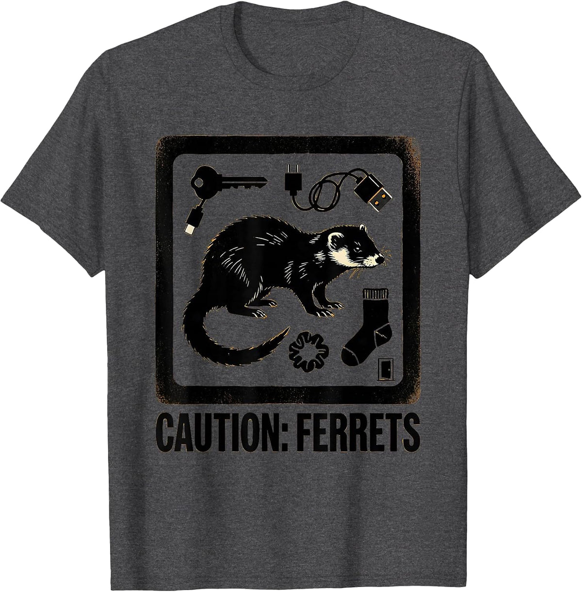 Men's Ferret Hazard Sign Funny Ferret Lover Gift T-Shirt - Dark Heather Grey