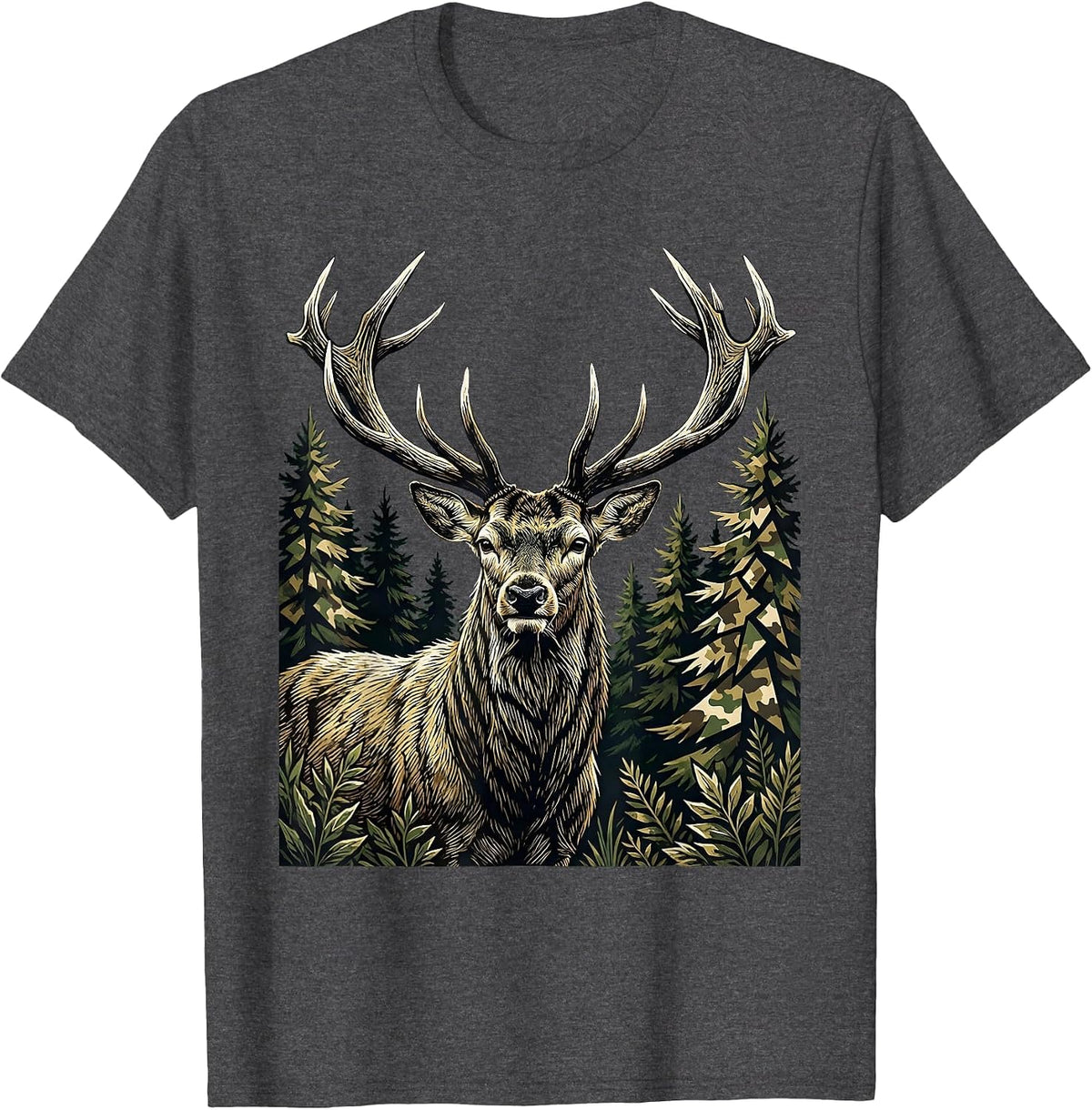 Deer Buck Camo Forest Hunting Graphic Design T-Shirt - Dark Heather Grey