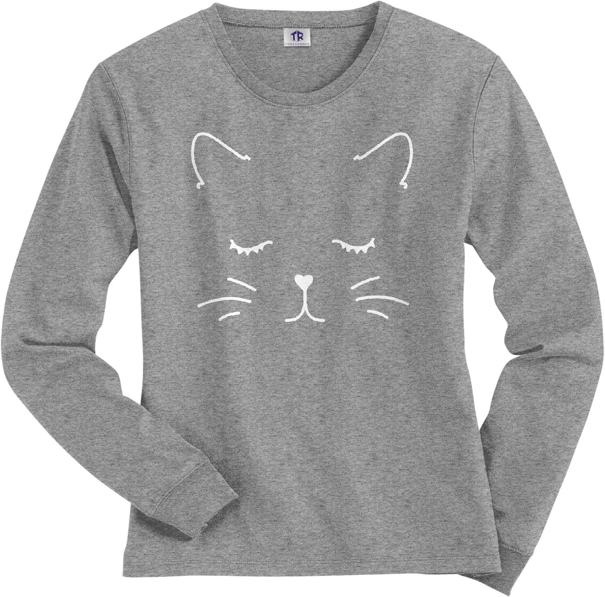 Threadrock Women's White Kitty Cat Face Long Sleeve T-Shirt - Sport Gray