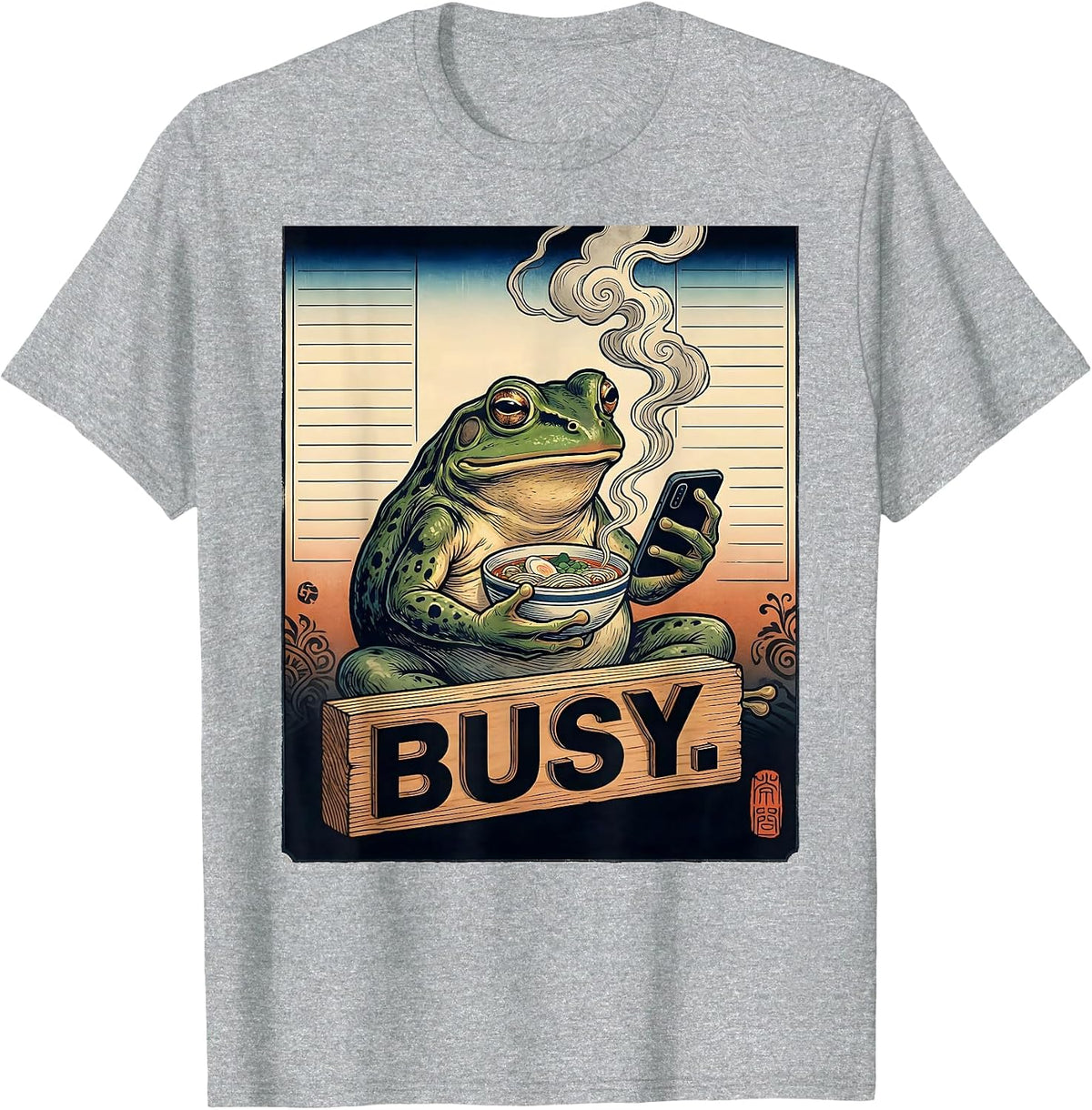 Men's Busy Grumpy Frog Ukiyo-e Ramen Humor Japanese Art T-Shirt - Heather Grey