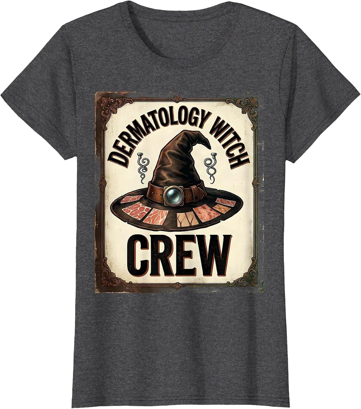 Women's Dermatology Witch Crew Vintage Dermatology Halloween Crew T-Shirt - Dark Heather Grey