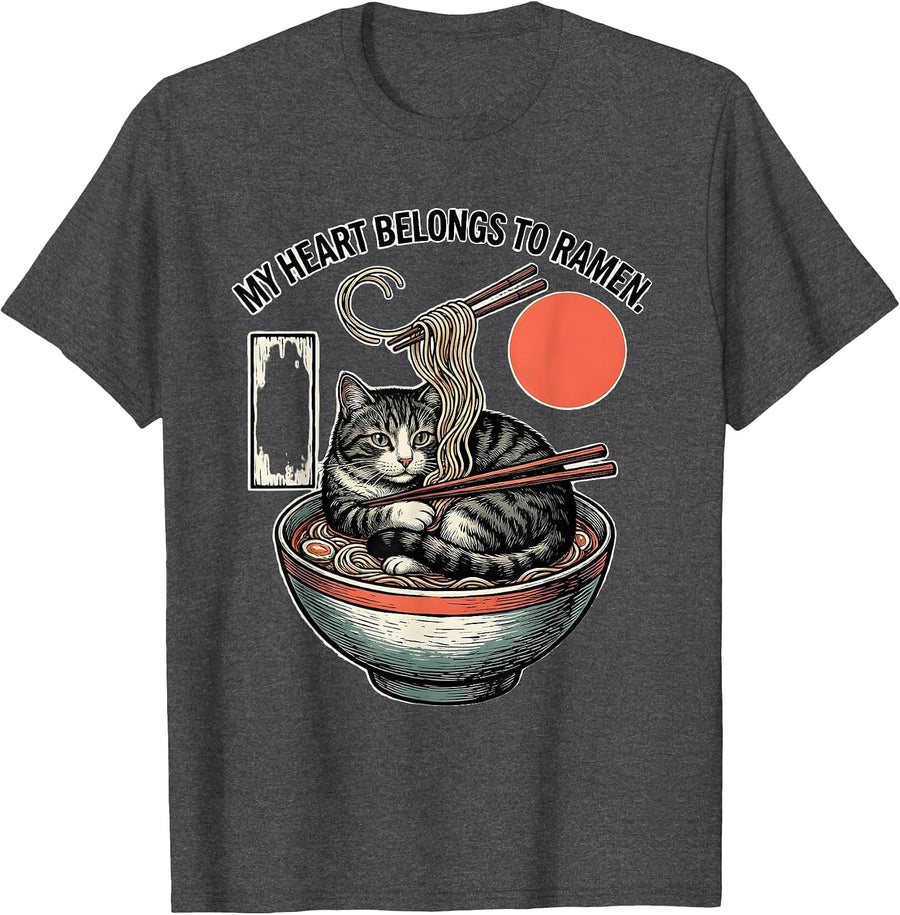Men's My Heart Belongs To Ramen Funny Cat Anime Kawaii Gift T-Shirt - Dark Heather Grey
