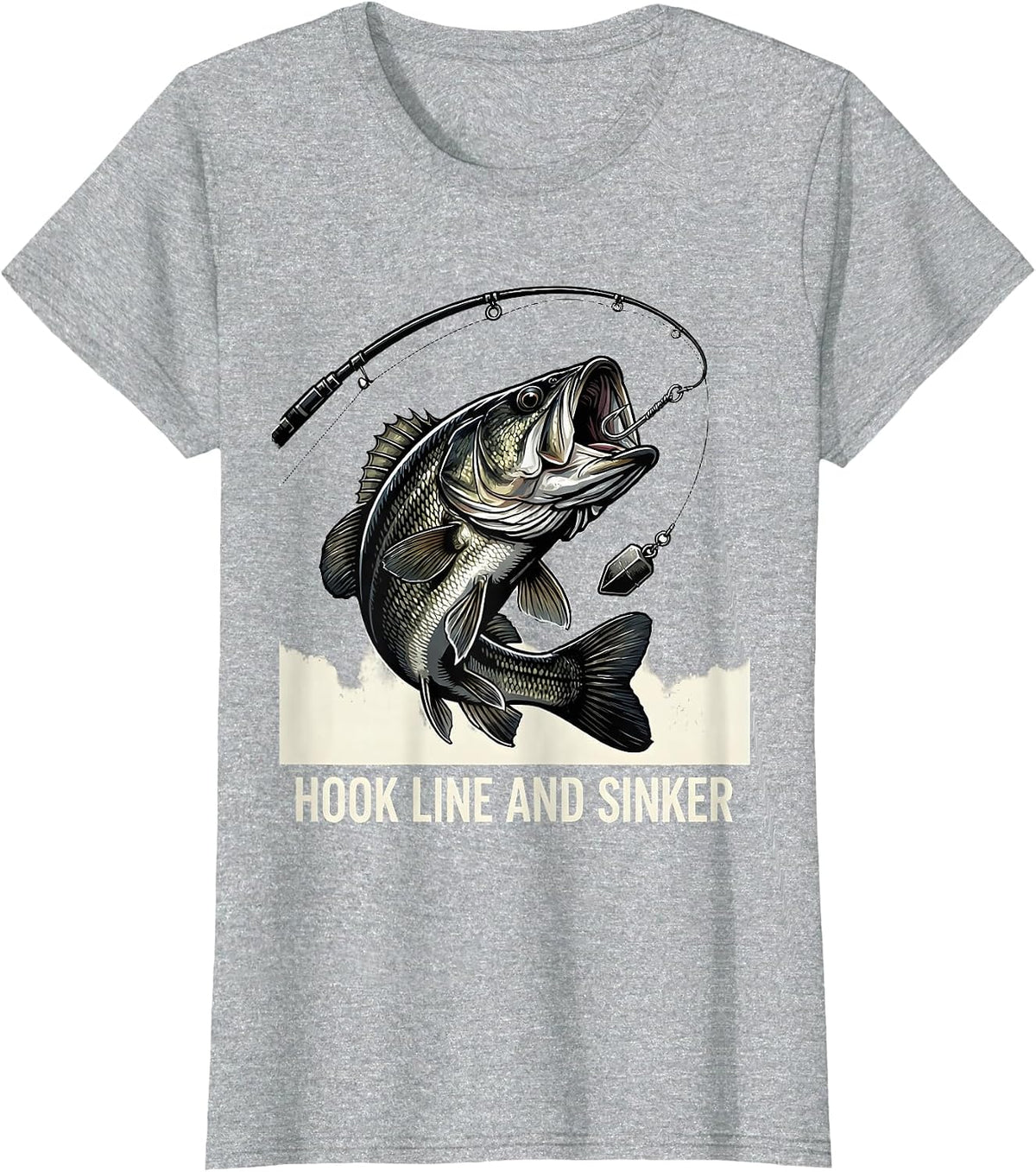 Hook Line and Sinker Bass Fishing Design T-Shirt - Heather Grey