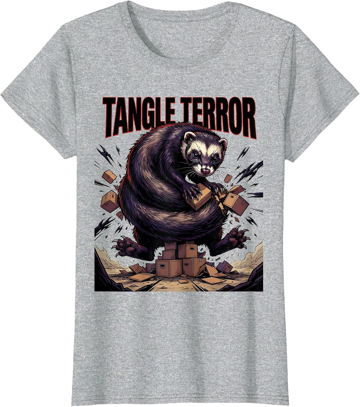 Tangle Terror Cartoon Ferret Lover Gift Ferret Owner Humor T-Shirt - Heather Grey