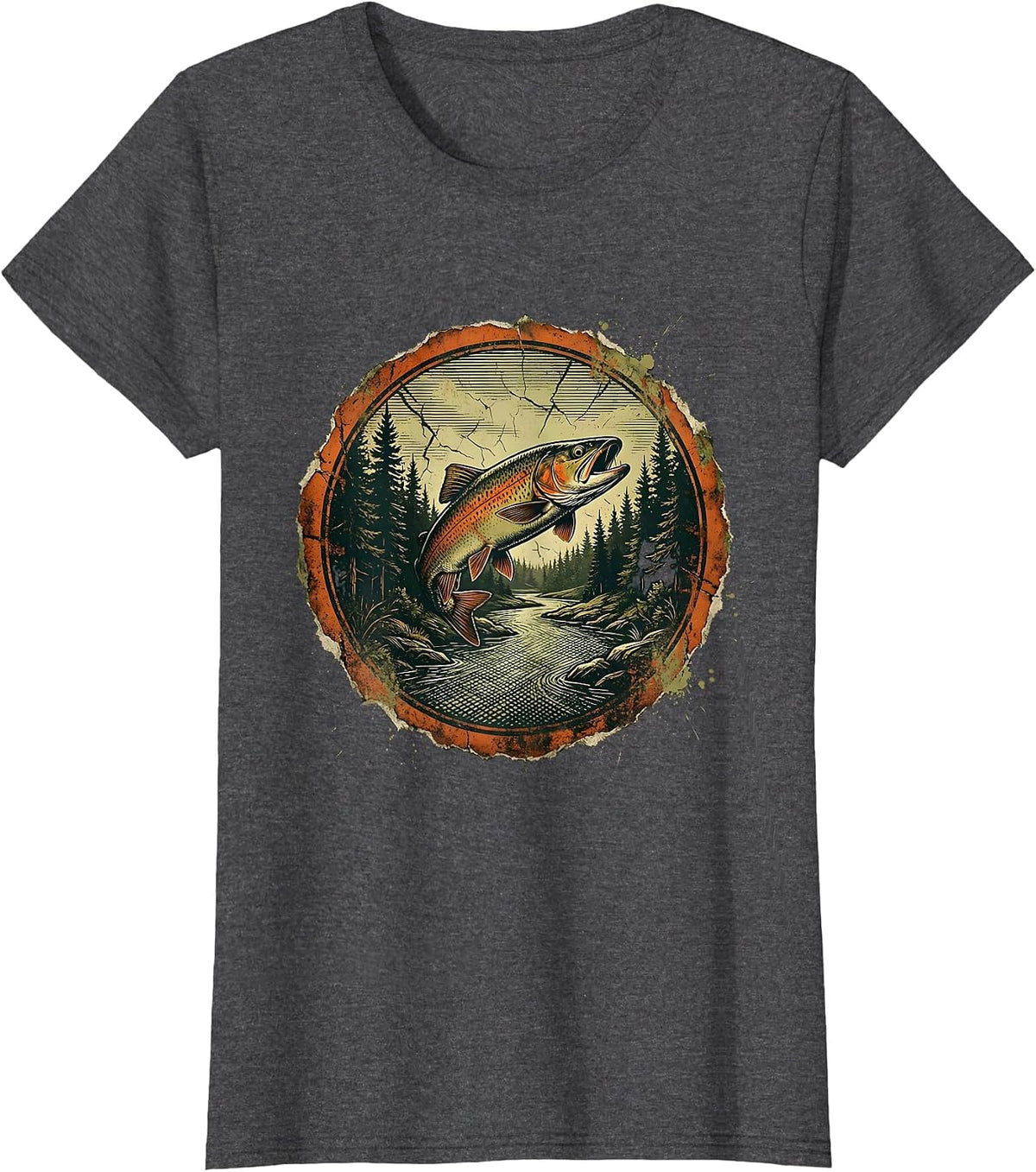 Women's Trout Stream Pine Forest Fly Fishing Illustration T-Shirt - Dark Heather Grey