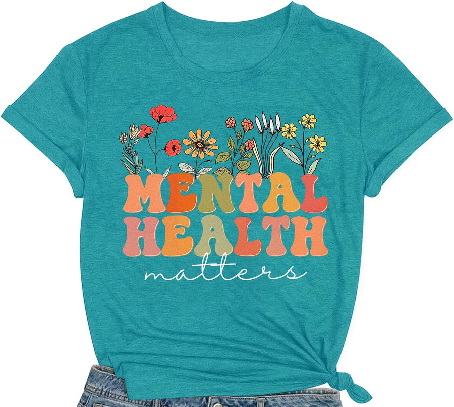 Womens Mental Health Matters Shirt Mental Health Awareness T-Shirts Kindness Inspirational Tee Tops - Cyan