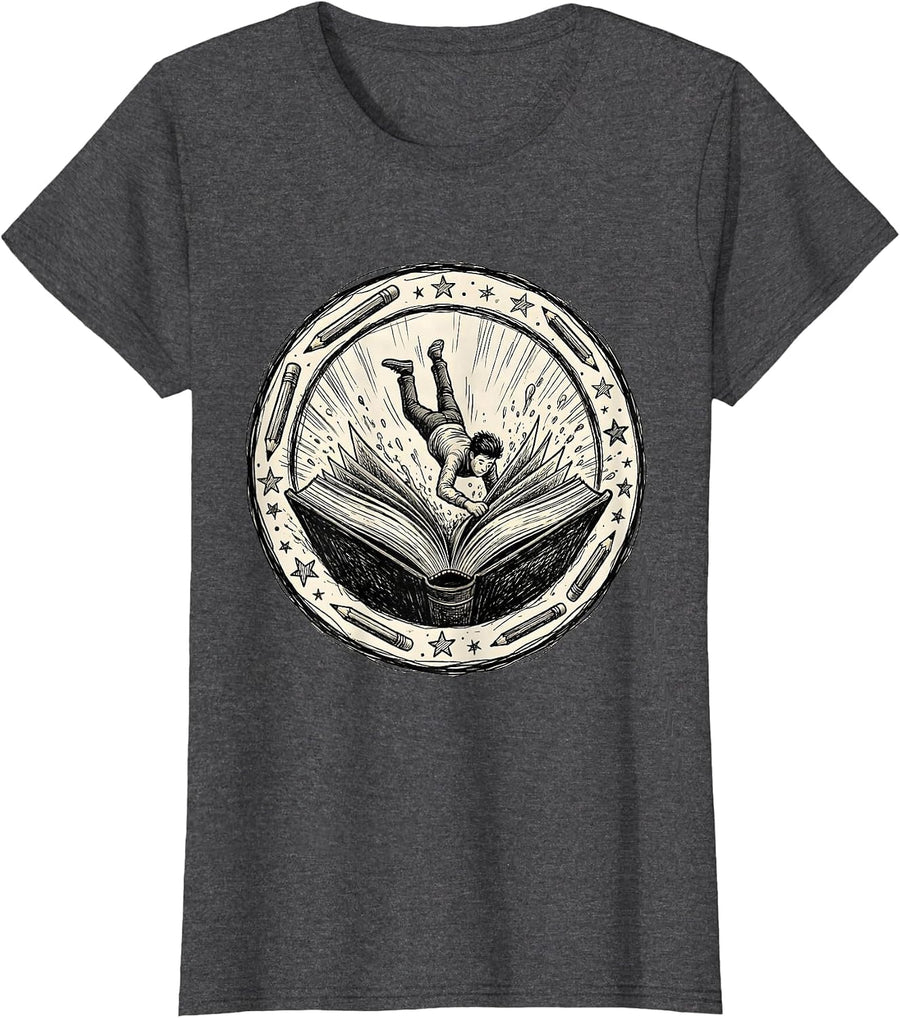 Women's Diving Into Reading Bookworm Graphic Tee T-Shirt - Dark Heather Grey