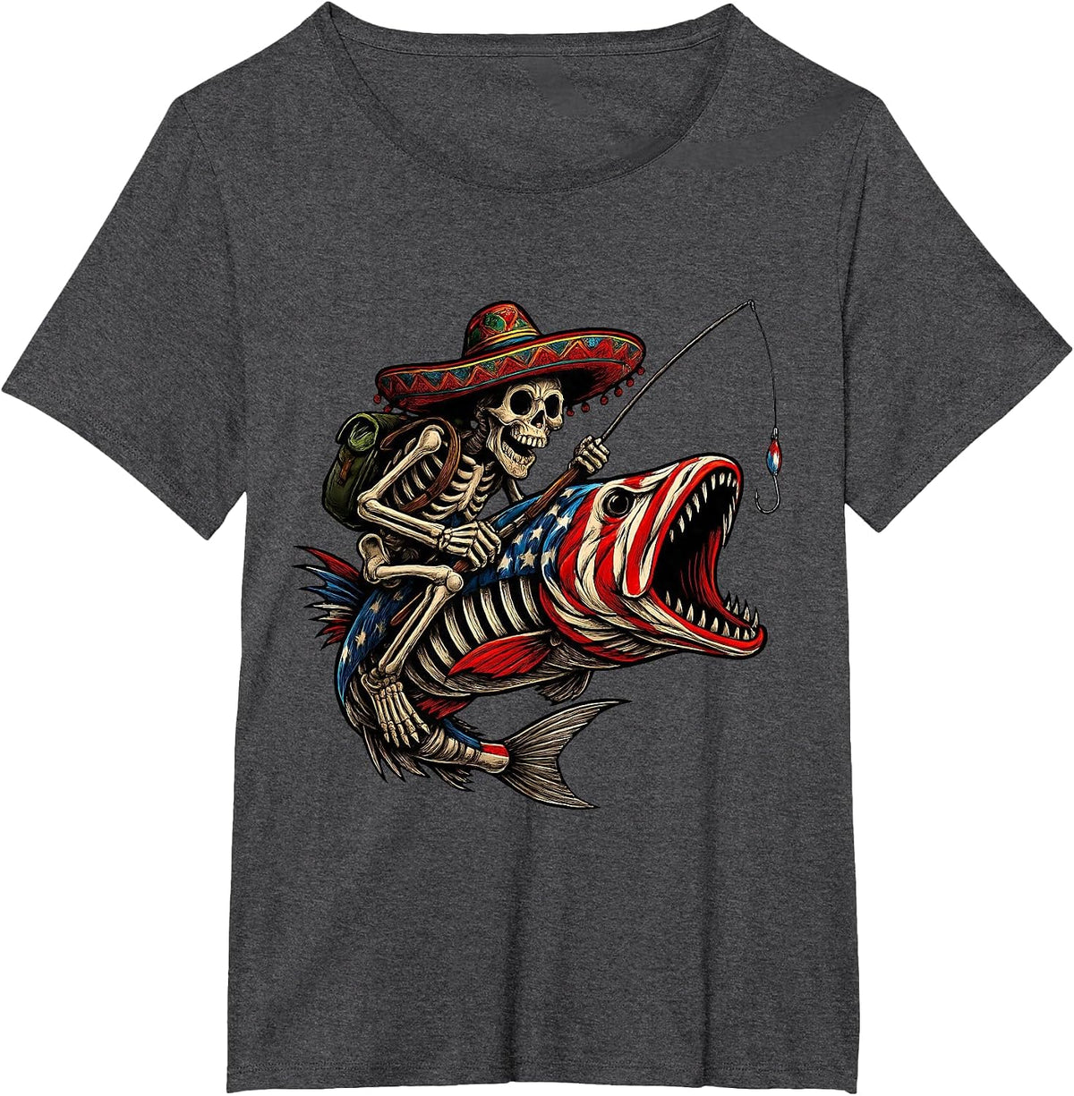 Fishing Mexican Sombrero Bass Fish Skull Skeleton Fisherman T-Shirt - Dark Heather Grey