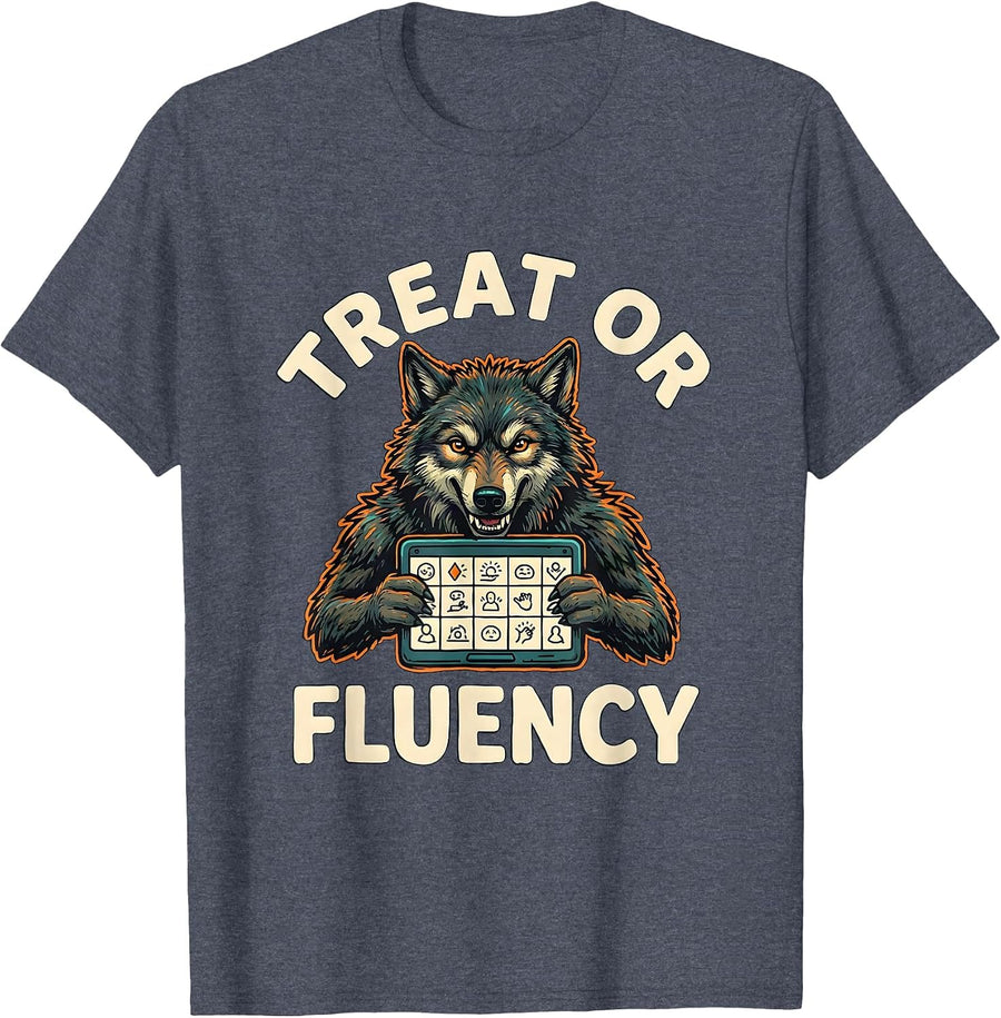 Treat Or Fluency Halloween Speech Therapy SLP Teacher Humor T-Shirt - Heather Blue