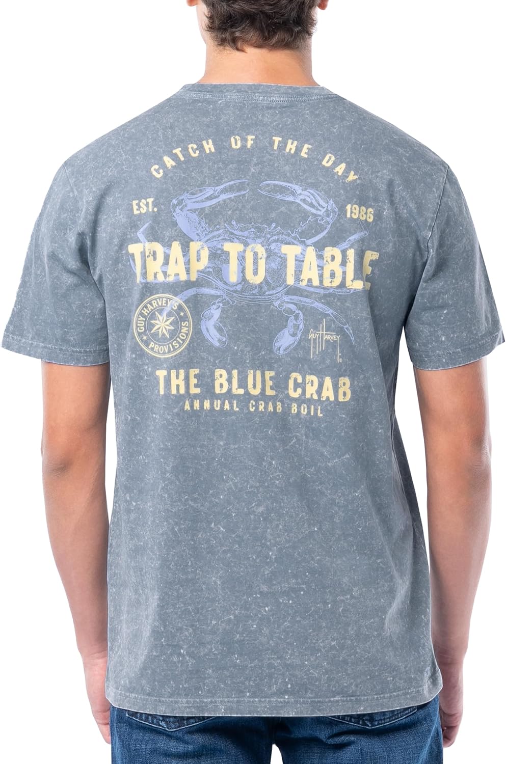 Guy Harvey Men’s Short Sleeve Coastal Wash Cotton Graphic Pocket T-Shirt - Windward Blue\/Trap to Table