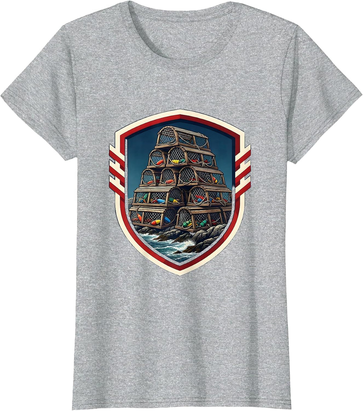 Lobster Trap Rocky Shore East Coast Graphic T-Shirt - Heather Grey