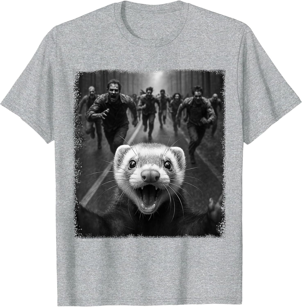 Funny Spooky Ferret Selfie with Creepy Halloween Zombies T-Shirt - Heather Grey