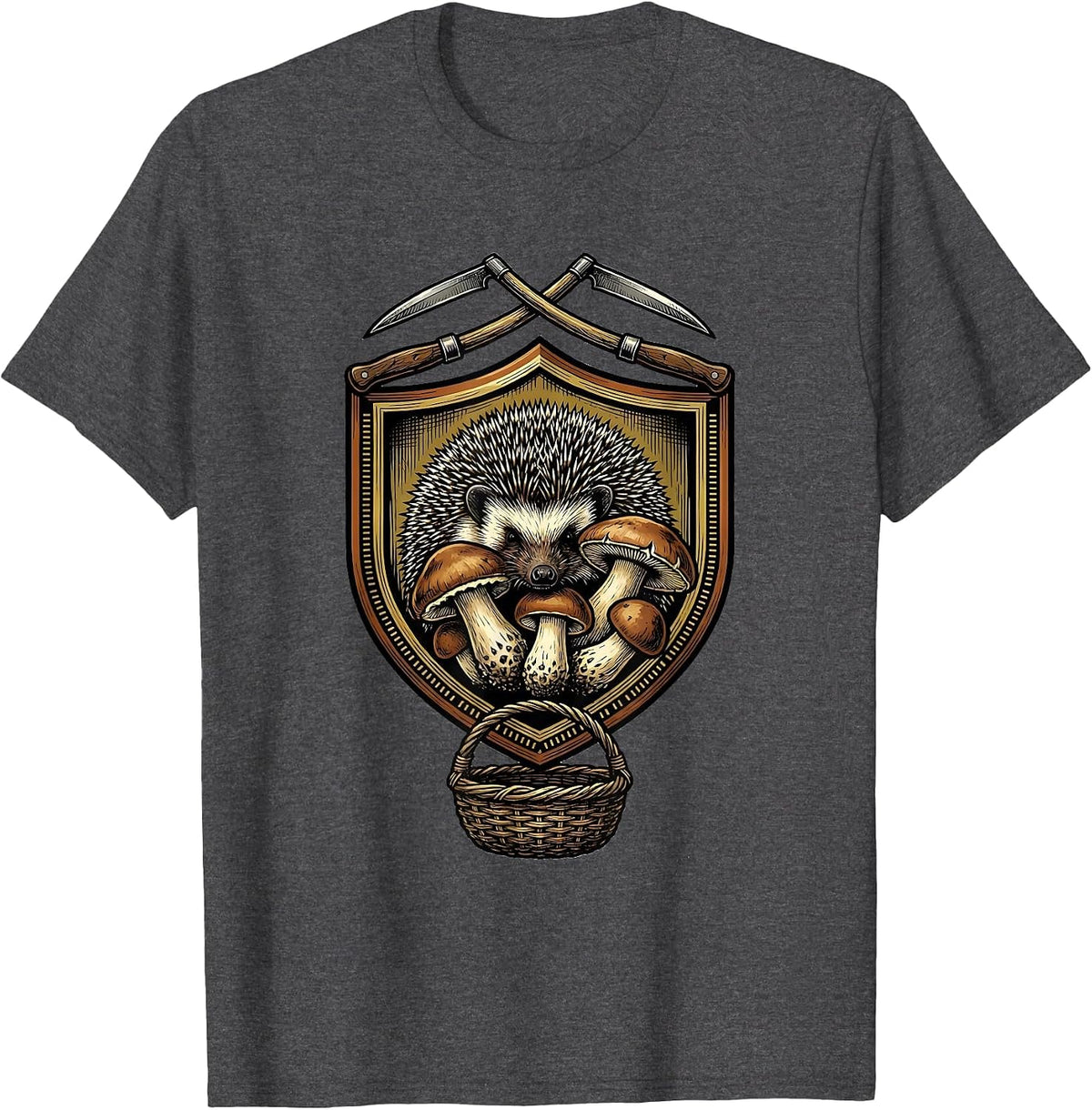 Men's Hedgehog Mushroom Emblem Forager Gift Foraging Hobbyist T-Shirt - Dark Heather Grey