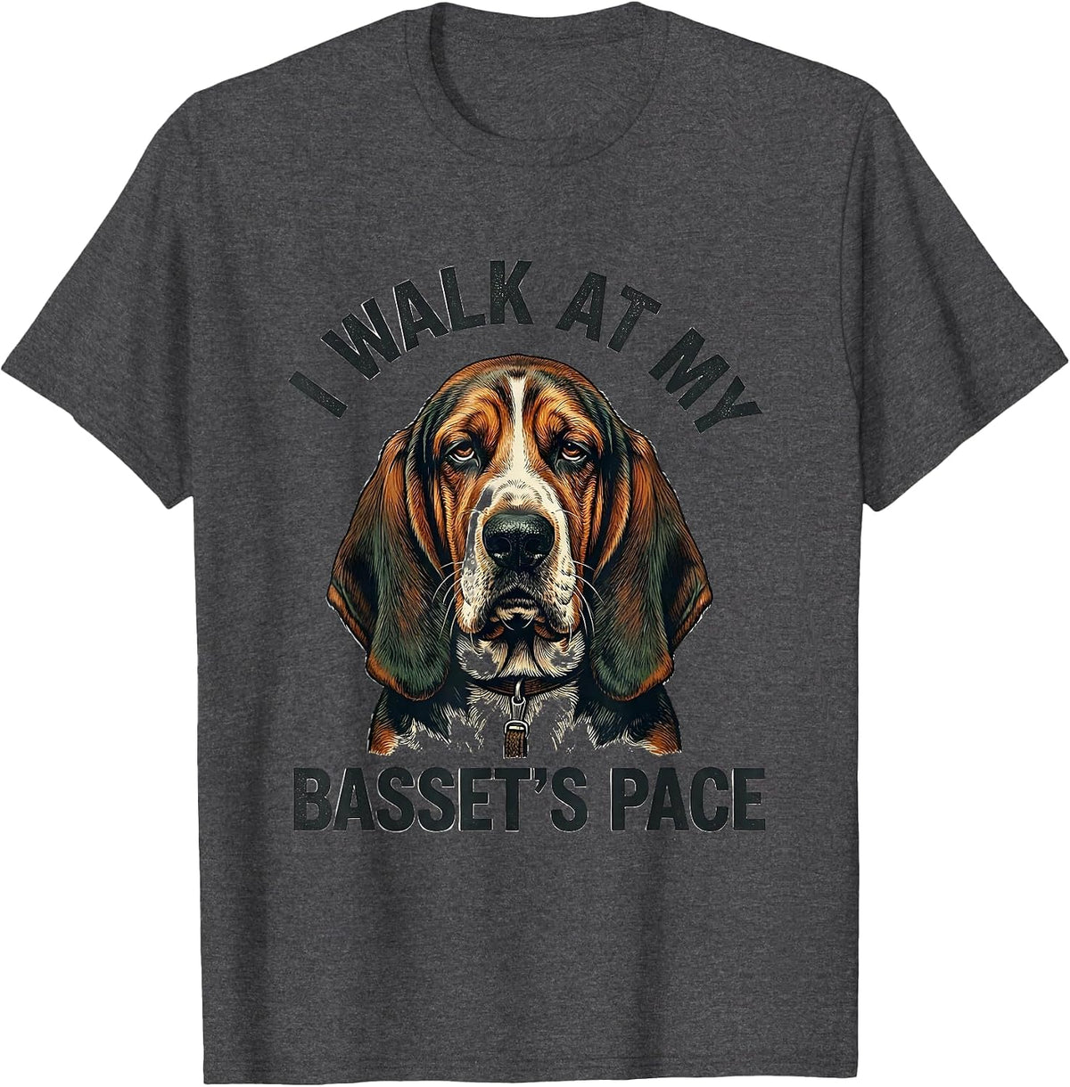Men's I Walk At My Basset's Pace Vintage Funny Dog Owner Humor T-Shirt - Dark Heather Grey