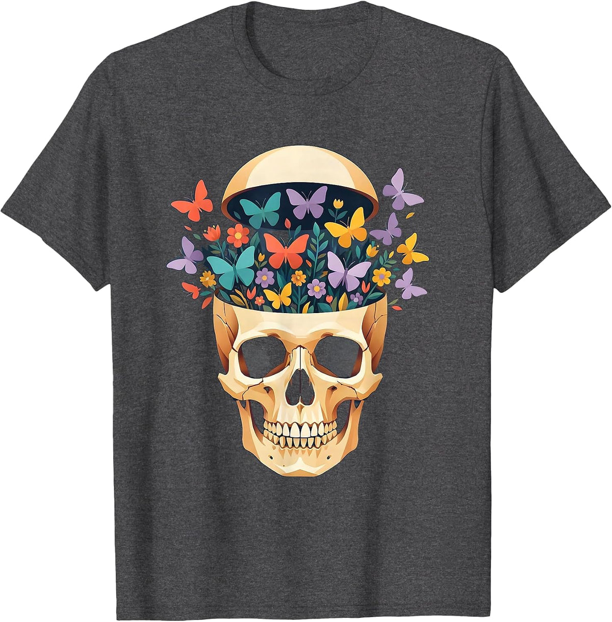 Colorful Butterfly Mind Open Skull Garden Art T-Shirt - Dark Heather Grey