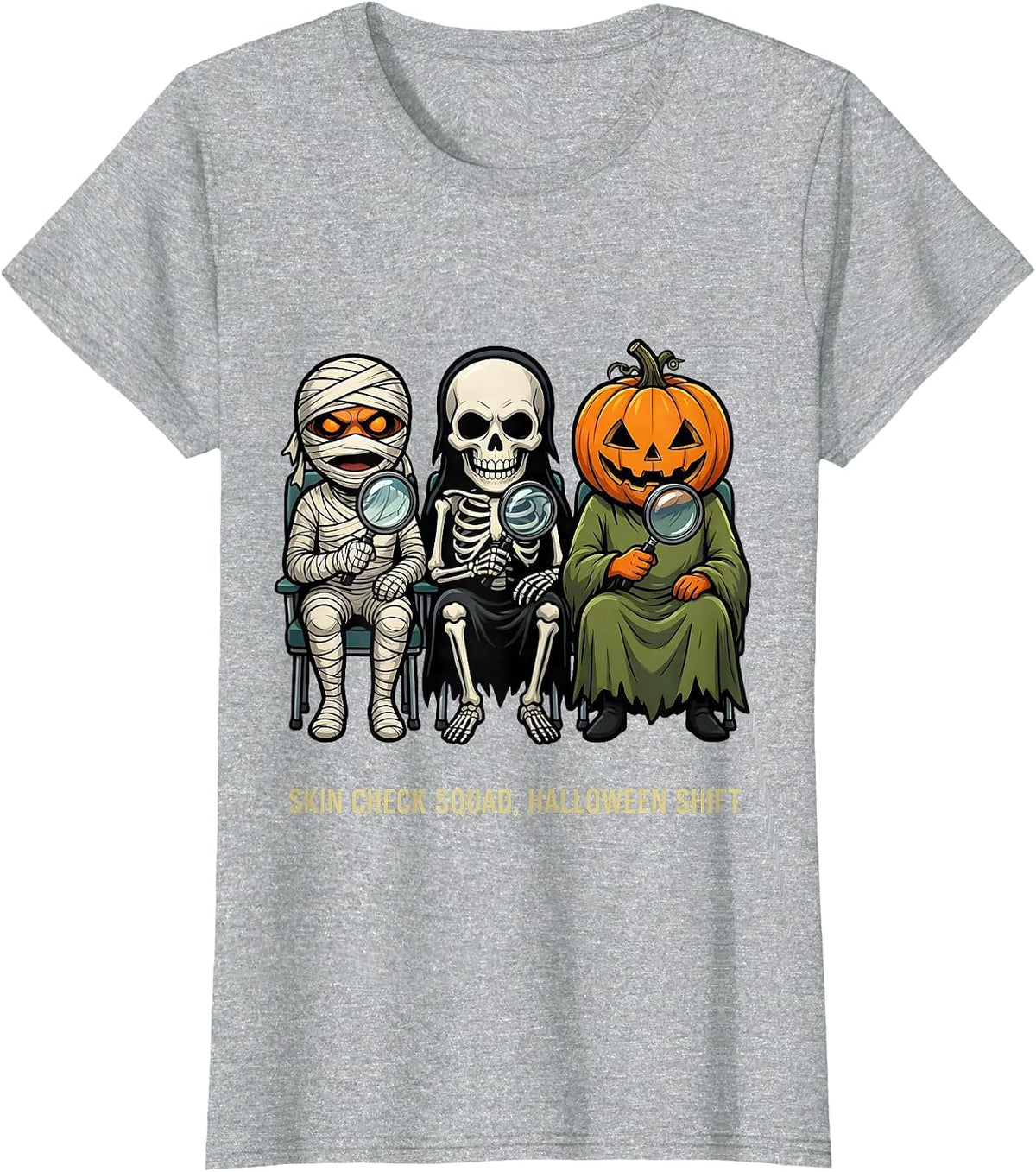 Skin Check Squad Halloween Shift Cartoon Dermatology Humor T-Shirt - Heather Grey