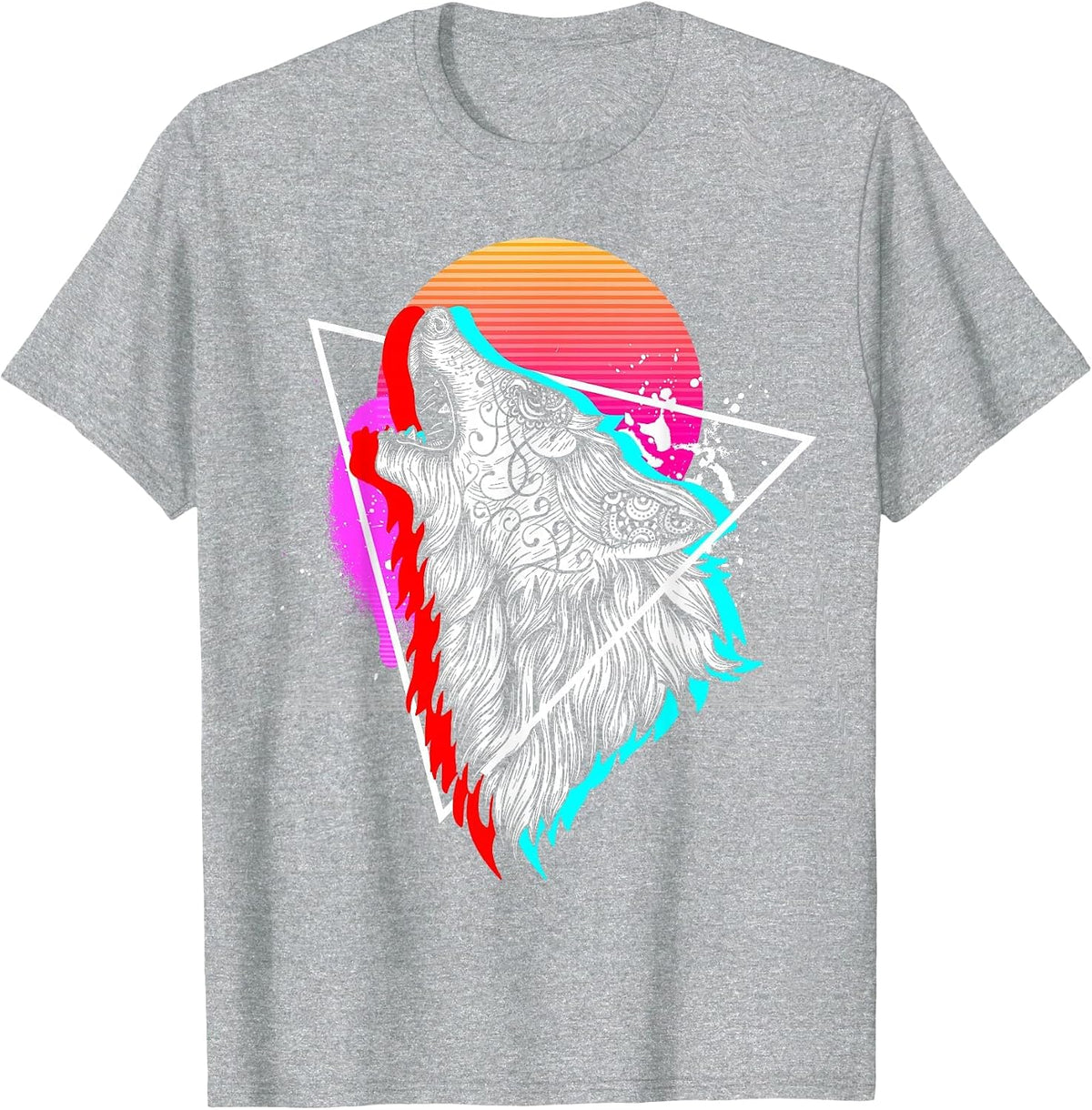 Synthwave Aesthetic Howling Wolf 1990s Retro Vaporwave T-Shirt - Heather Grey