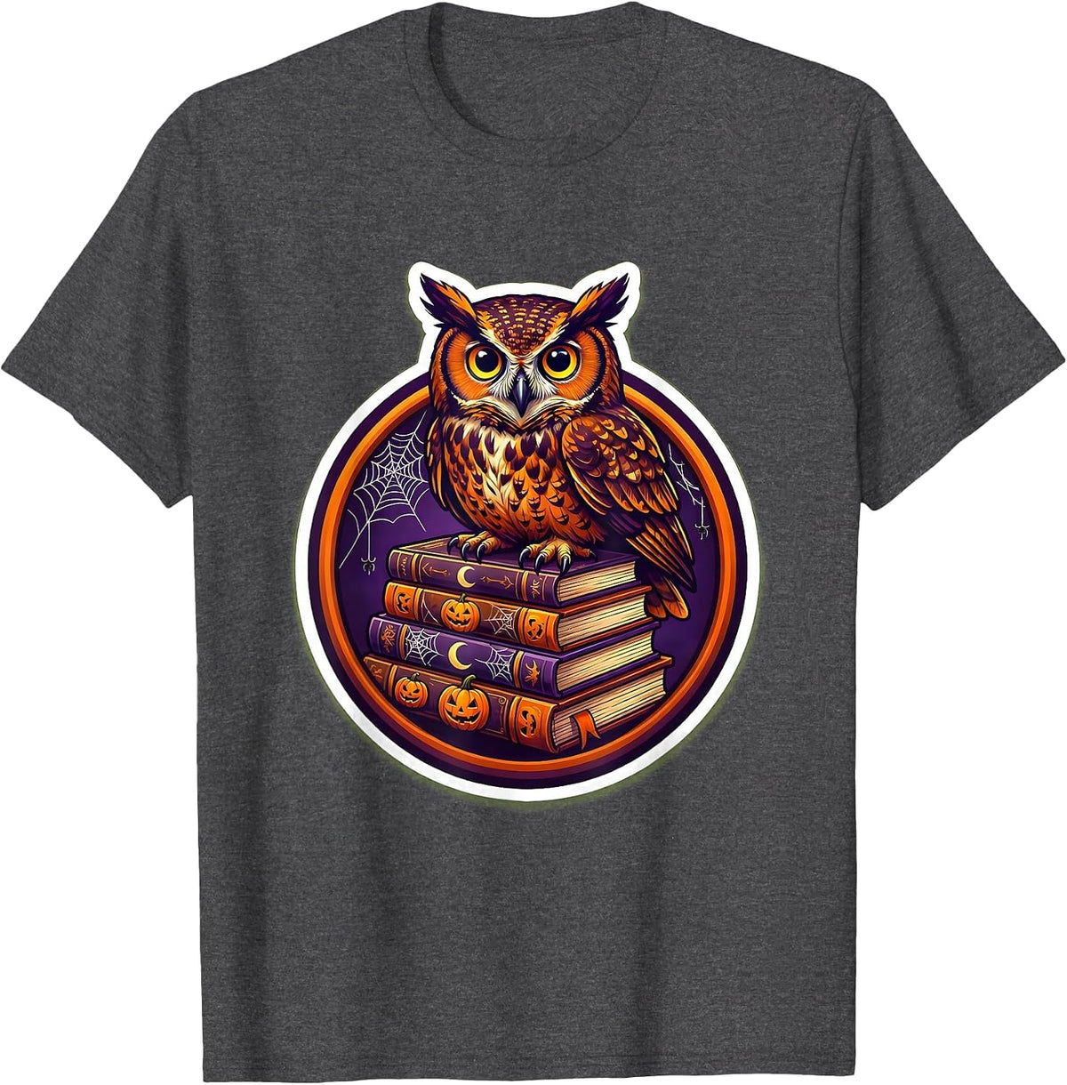 Halloween Teacher Owl on Spooky Stacked Books T-Shirt - Dark Heather Grey