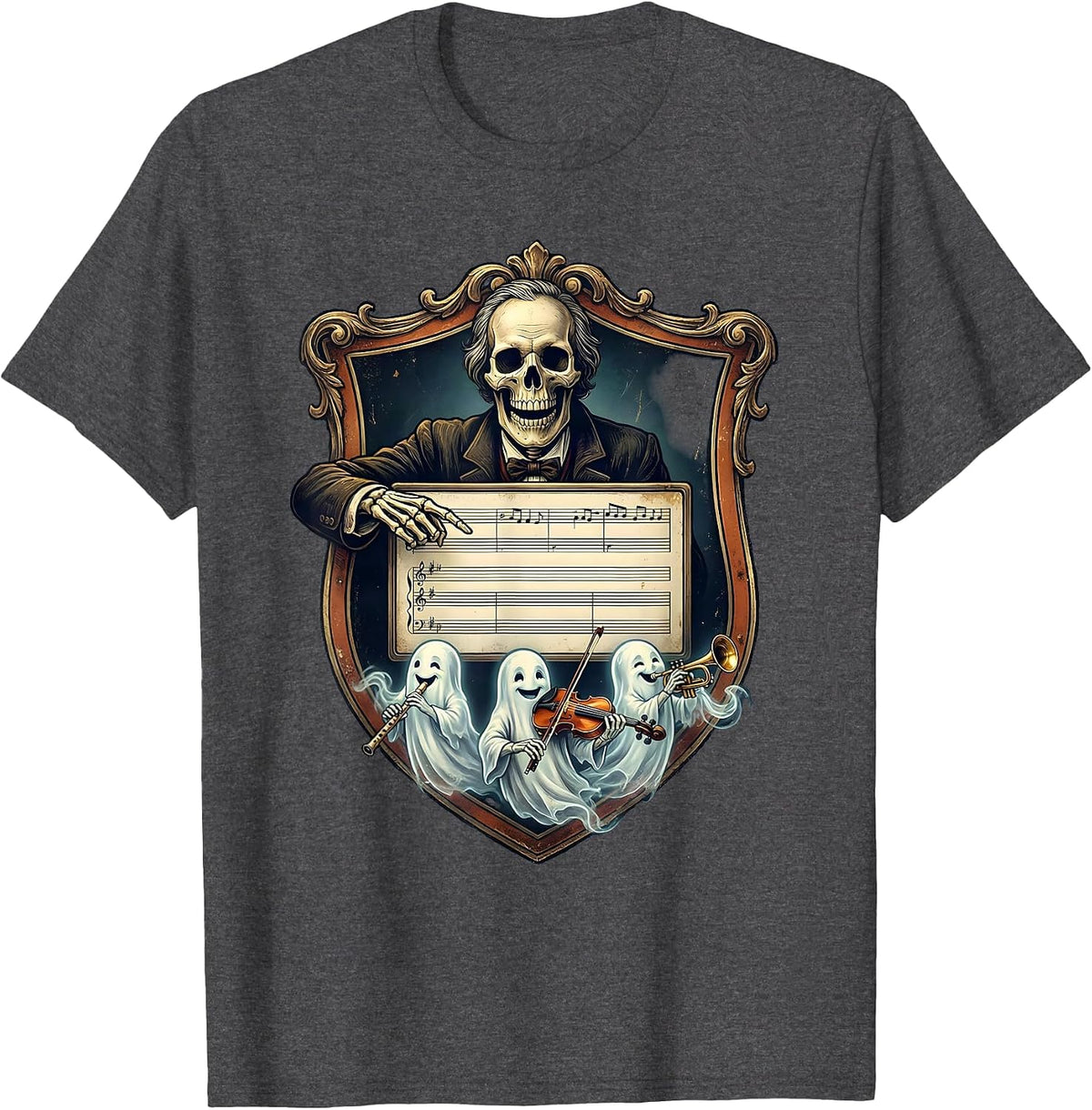 Ornate Shield Ghost Music Teacher Vintage Halloween T-Shirt - Dark Heather Grey