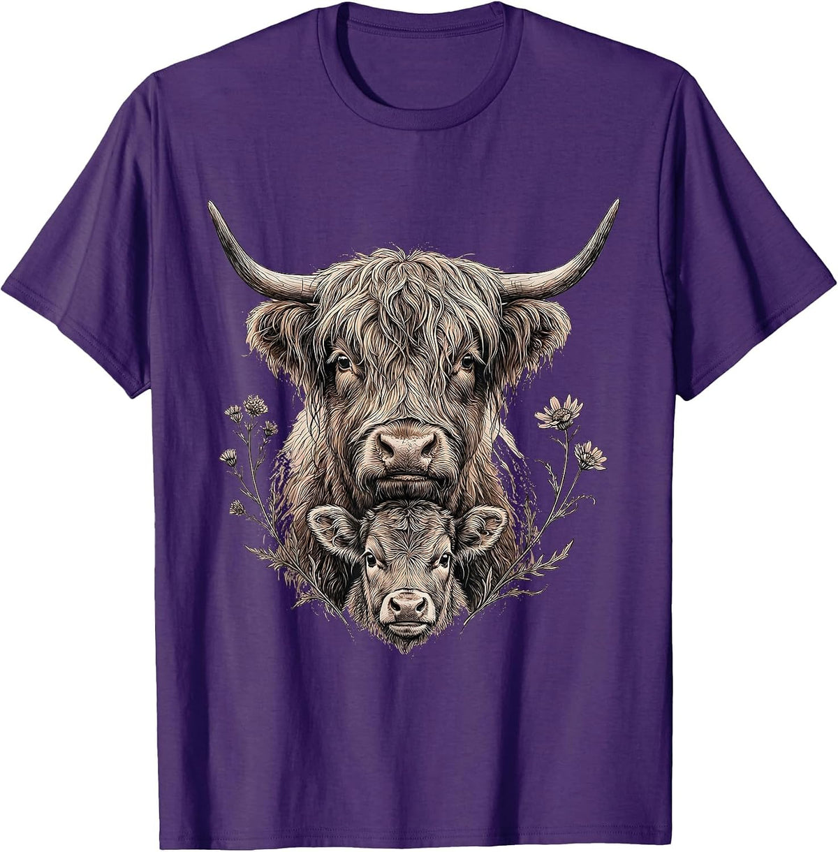 Baby Highland Cow Hiding Behind Mother Graphic T-Shirt - Purple