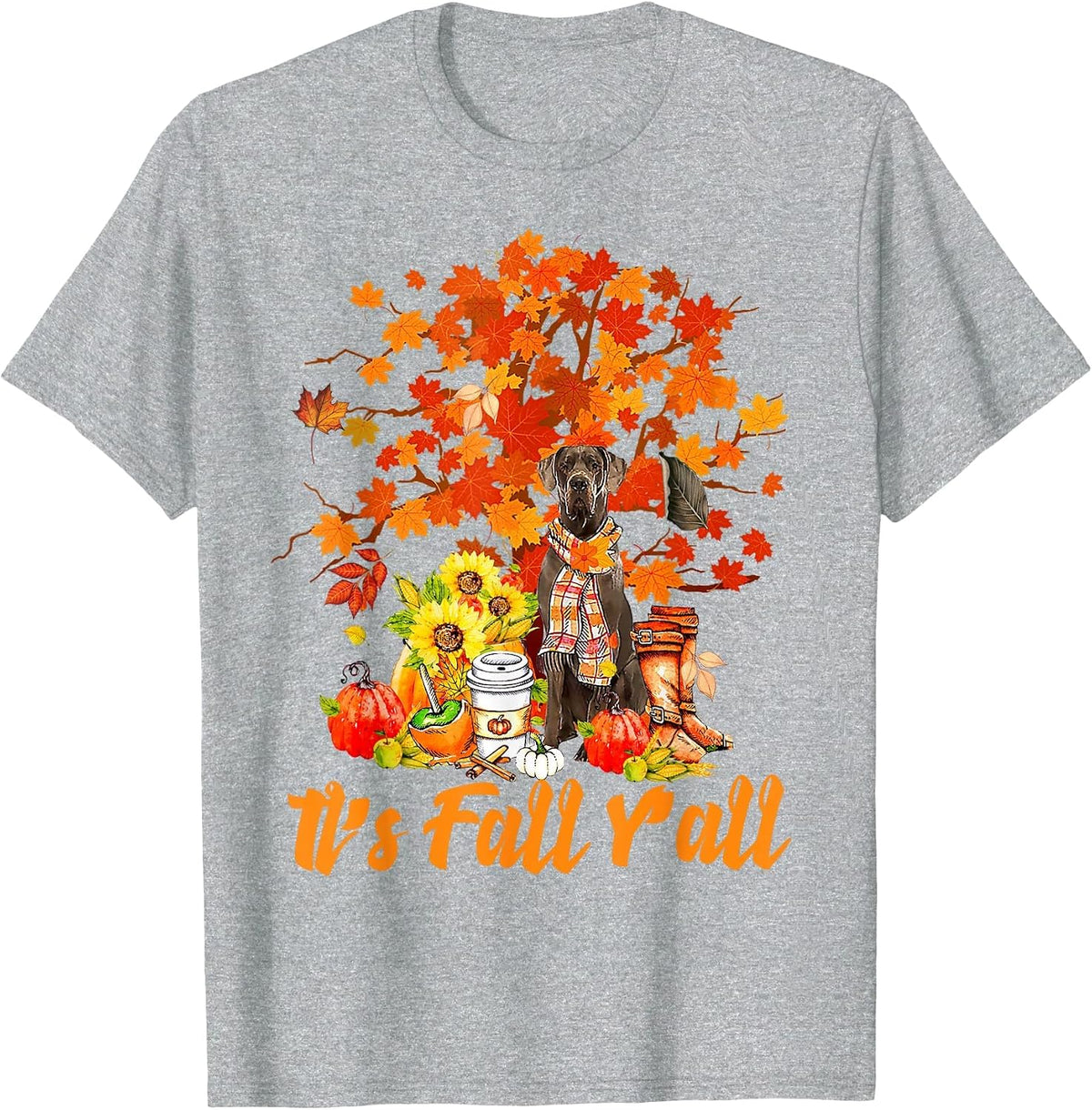 It's Fall Y'all American Great Dane Dog Lovers Thanksgiving T-Shirt - Heather Grey