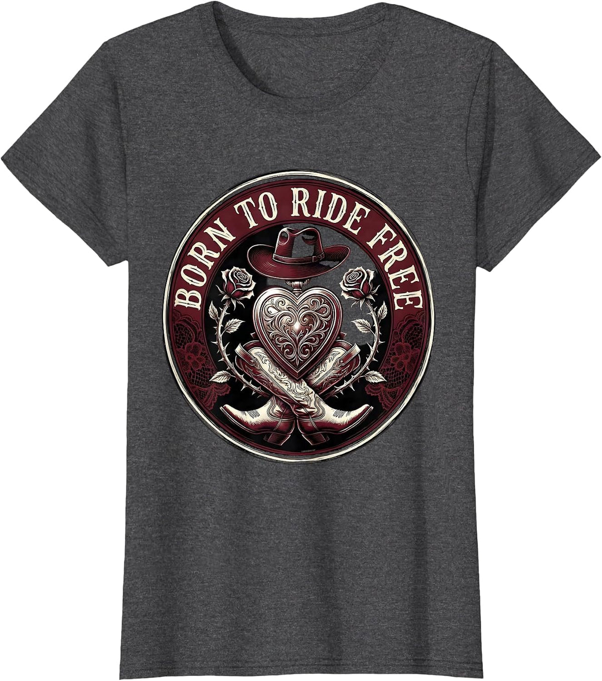 Women's Born to Ride Free Rodeo Cowgirl Design T-Shirt - Dark Heather Grey